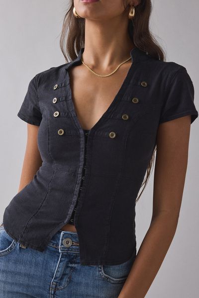BDG BDG Tilda Waistcoat Short Sleeve Crop Top in Black, Women's at Urban Outfitters