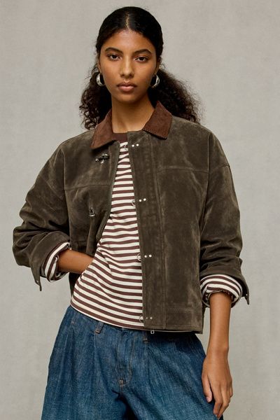 BDG BDG Wylie Contrast Collar Faux Suede Barn Jacket in Khaki, Women's at Urban Outfitters