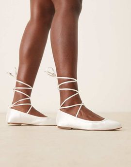 Be Mine Be Mine Bridal April tie leg ballet flats in ivory satin-White