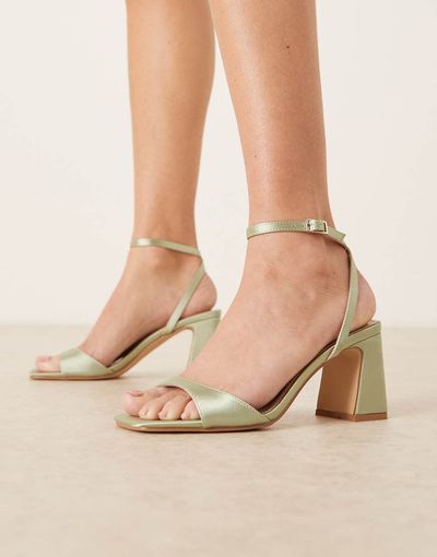 Be Mine Be Mine Bridal Cora block heeled sandals in sage satin-Green