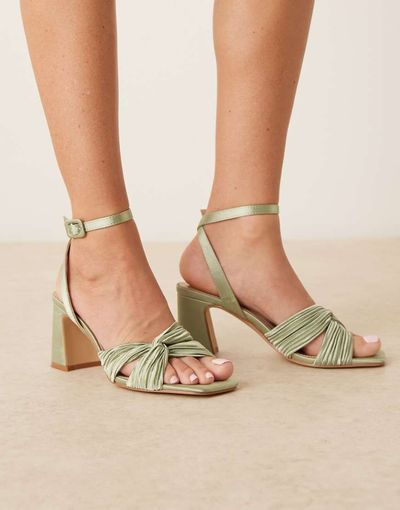Be Mine Be Mine Bridal Divaa plissé block heeled sandals in sage satin-Green