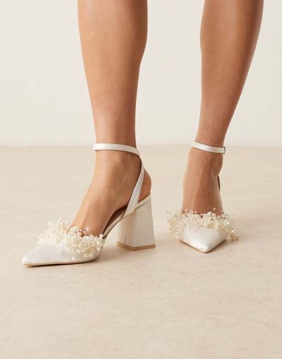 Be Mine Be Mine Bridal Tanika block heeled shoes with faux pearls in ivory satin-White