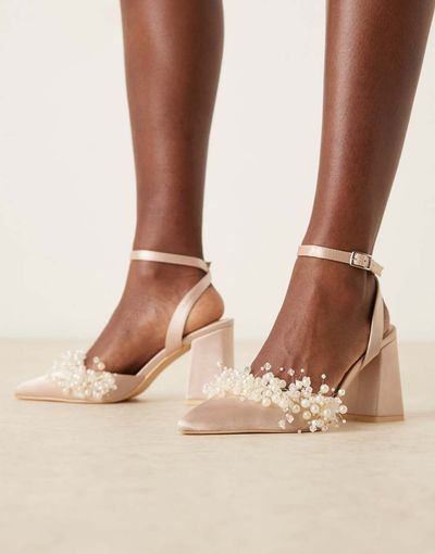 Be Mine Be Mine Bridal Tanika block heeled shoes with pearls in blush satin-pink