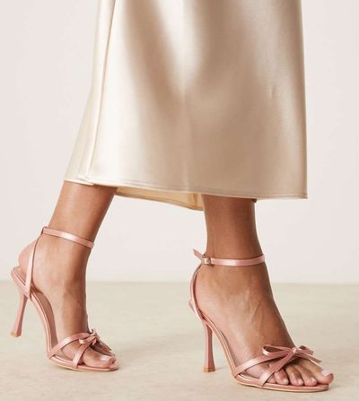 Be Mine Wide Fit Be Mine wide fit Sharly heeled sandals with bow detail in satin blush-pink