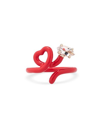 Bea Bongiasca Bea Bongiasca 9K Yellow Gold Hearts Rock Crystal & Red Enamel Heart Ring