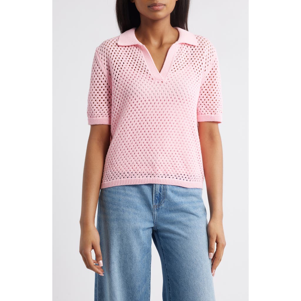 beachlunchlounge beachlunchlounge Tae Short Sleeve Open Knit Polo Sweater