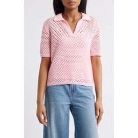 beachlunchlounge beachlunchlounge Tae Short Sleeve Open Knit Polo Sweater