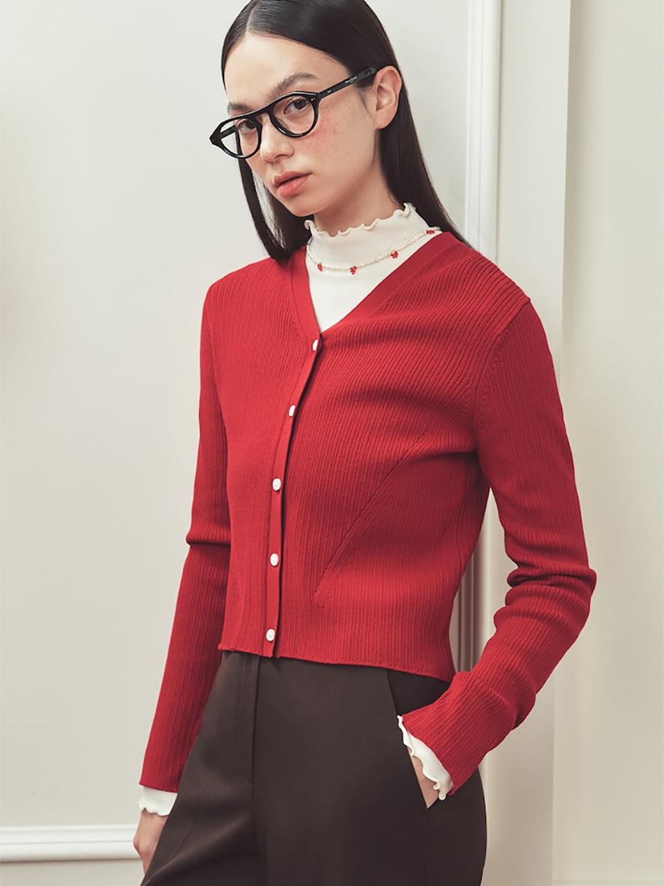 BEANPOLE LADIES [B. my] Ribbed V-neck Slim Fit Cardigan Red (BF485
