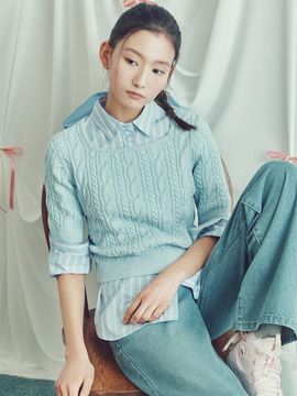 BEANPOLE LADIES Cable Square Neck Short Sleeve Knit [Sky Blue] (BF5251N03Q)