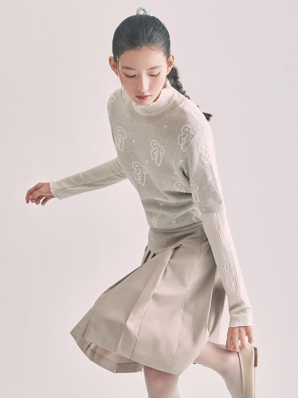 BEANPOLE LADIES Ribbon Pattern Short Sleeve Cotton Blend Knit [Light Grey] (BF5251N022)