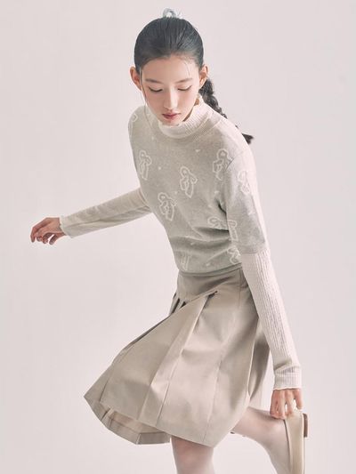 BEANPOLE LADIES Ribbon Pattern Short Sleeve Cotton Blend Knit [Light Grey] (BF5251N022)