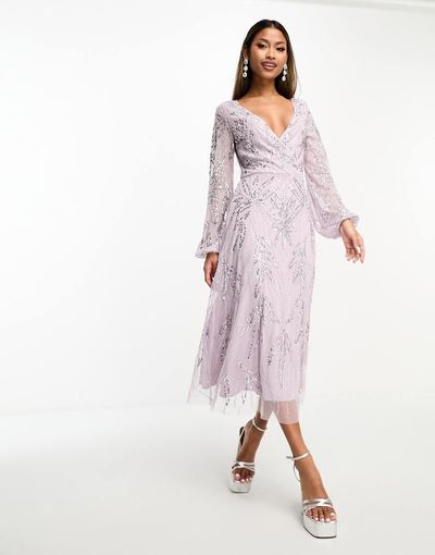 Beauut Beauut Bridesmaid embellished wrap front midi dress in lilac-Purple