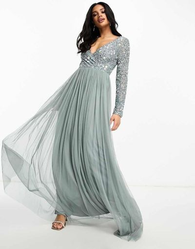Beauut Beauut Bridesmaid wrap front maxi dress with mutli colored embroidery and embellishment in misty green