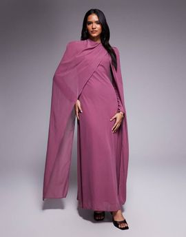 Beauut Beauut chiffon wrap cape detail maxi dress in pink-Purple
