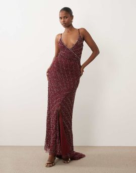 Beauut Beauut embellished cami v neck wrap maxi dress in burgundy-Red
