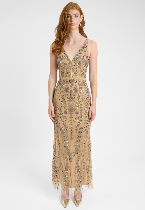 BEAUUT BEAUUT Embellished Sequin Beaded Corset Maxi Dress With Deep V-Cut