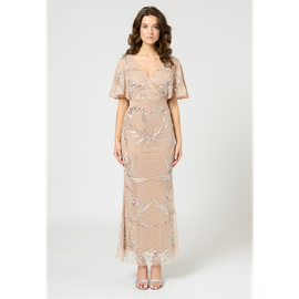 BEAUUT BEAUUT Embellished Sequin Beaded Maxi Dress With Cape Sleeve