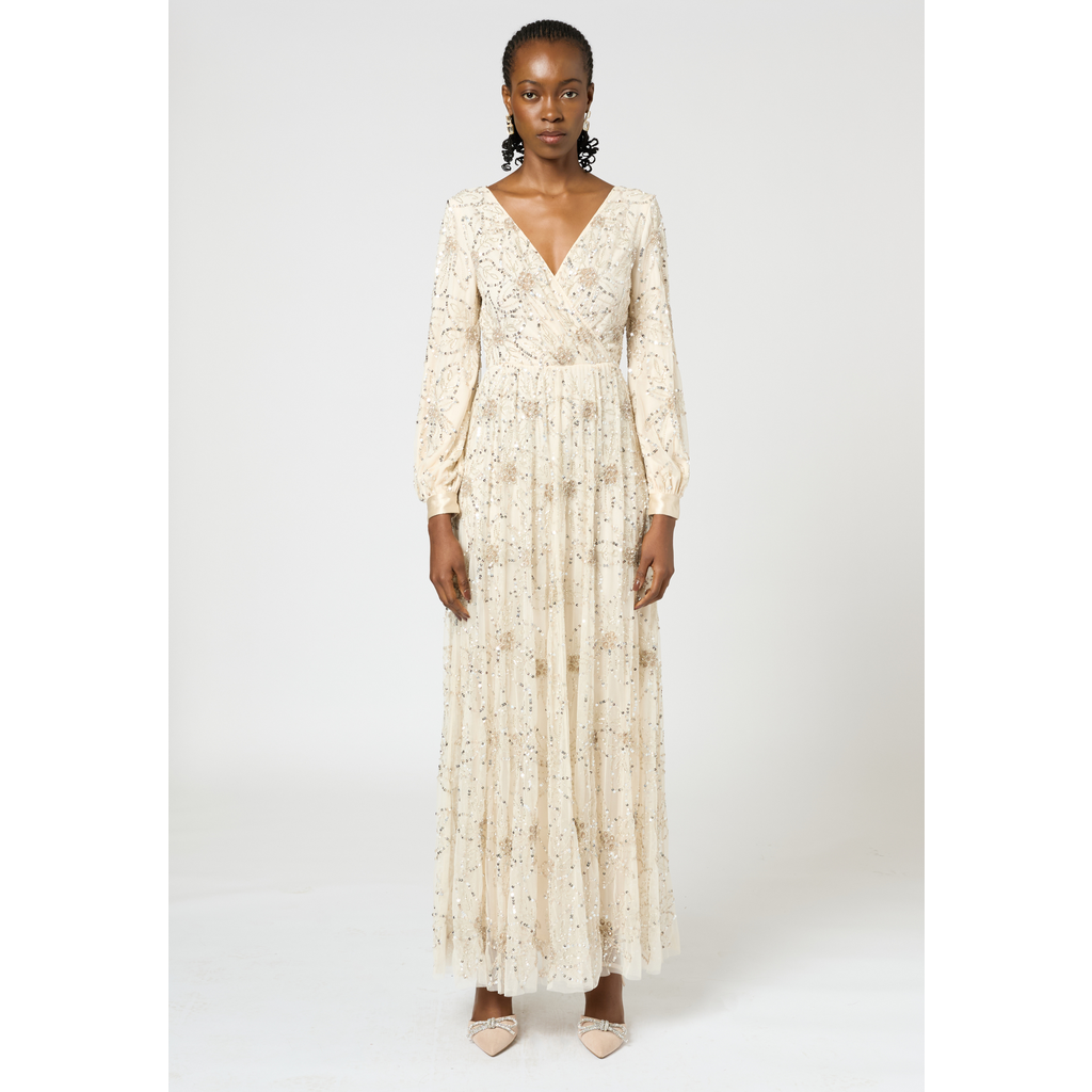 BEAUUT BEAUUT Embellished Sequin Beaded Maxi Dress with cuff sleeves