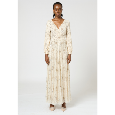 BEAUUT BEAUUT Embellished Sequin Beaded Maxi Dress with cuff sleeves