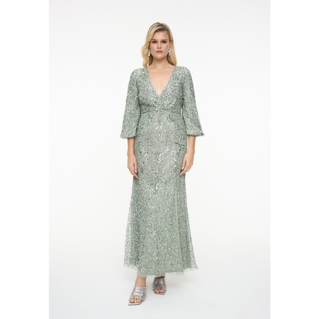 BEAUUT BEAUUT Embellished Sequin Beaded Maxi Dress With Deep V-Neck