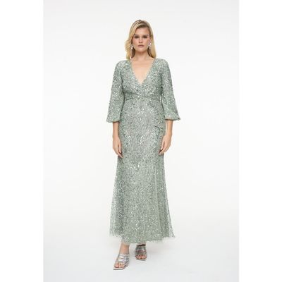 BEAUUT BEAUUT Embellished Sequin Beaded Maxi Dress With Deep V-Neck