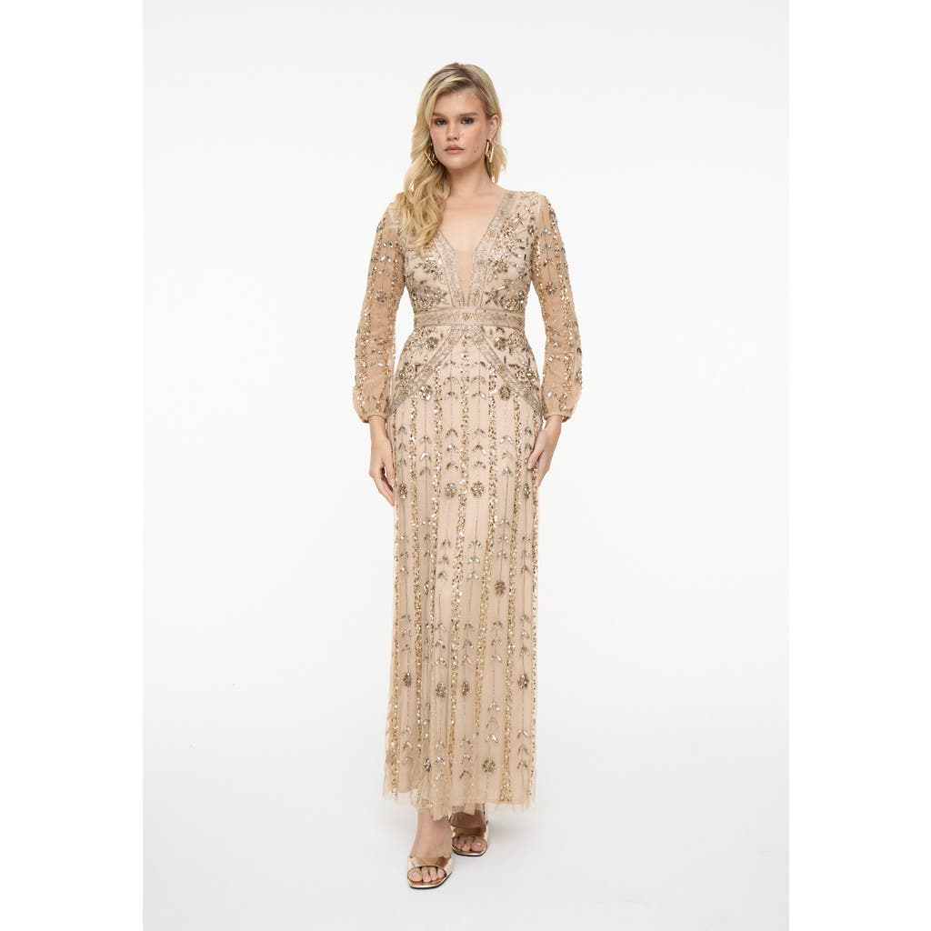 BEAUUT BEAUUT Embellished Sequin Beaded Maxi Dress With Designer Sleeves