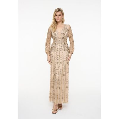 BEAUUT BEAUUT Embellished Sequin Beaded Maxi Dress With Designer Sleeves