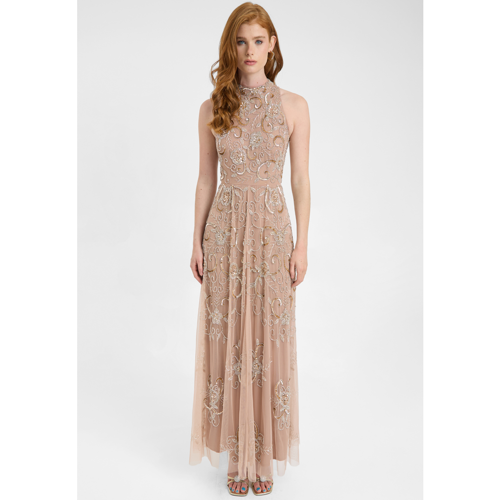 BEAUUT BEAUUT Embellished Sequin Beaded Maxi Dress With High Neckline With Sleeveless Design