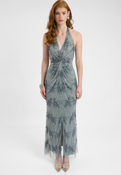 BEAUUT BEAUUT Embellished Sequin Beaded Maxi Dress With Knot Design