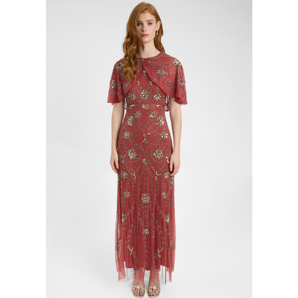 BEAUUT BEAUUT Embellished Sequin Beaded Maxi Dress With Round Neckline With Cape-Style Short Sleeves