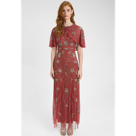 BEAUUT BEAUUT Embellished Sequin Beaded Maxi Dress With Round Neckline With Cape-Style Short Sleeves