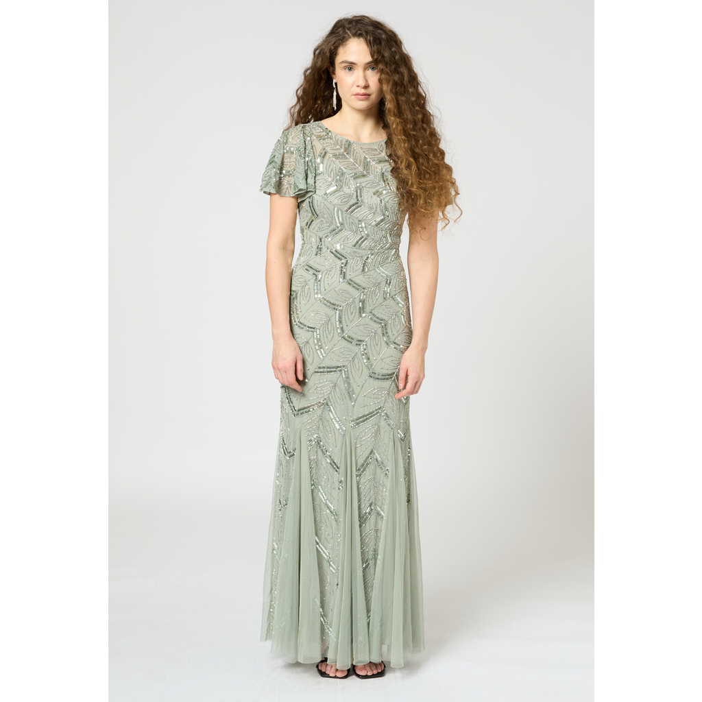 BEAUUT BEAUUT Embellished Sequin Beaded Maxi Dress With Short Sleeve