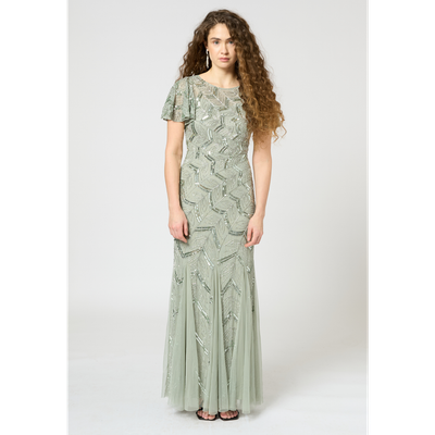 BEAUUT BEAUUT Embellished Sequin Beaded Maxi Dress With Short Sleeve