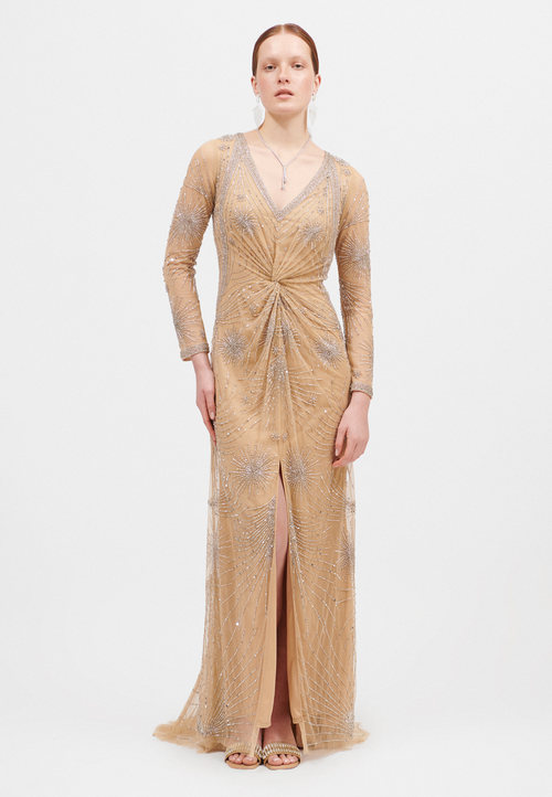 BEAUUT BEAUUT Embellished Sequin Beaded Maxi Dress With V-Neck