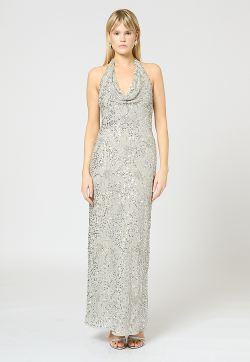 BEAUUT BEAUUT Embellished Sequin Beaded Maxi Dress With V Cowl Neck