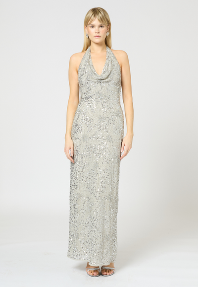 BEAUUT BEAUUT Embellished Sequin Beaded Maxi Dress With V Cowl Neck