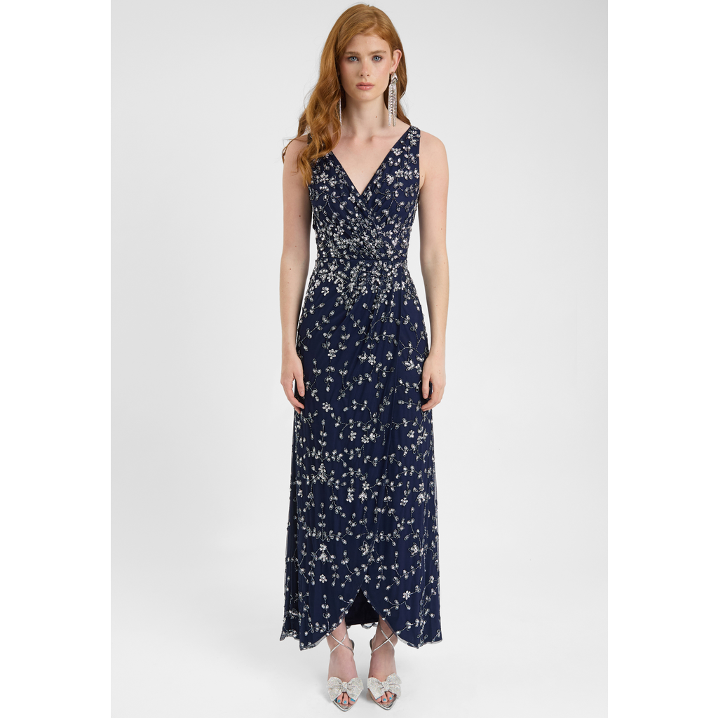 BEAUUT BEAUUT Embellished Sequin Beaded Maxi Dress With Wrap Bottom