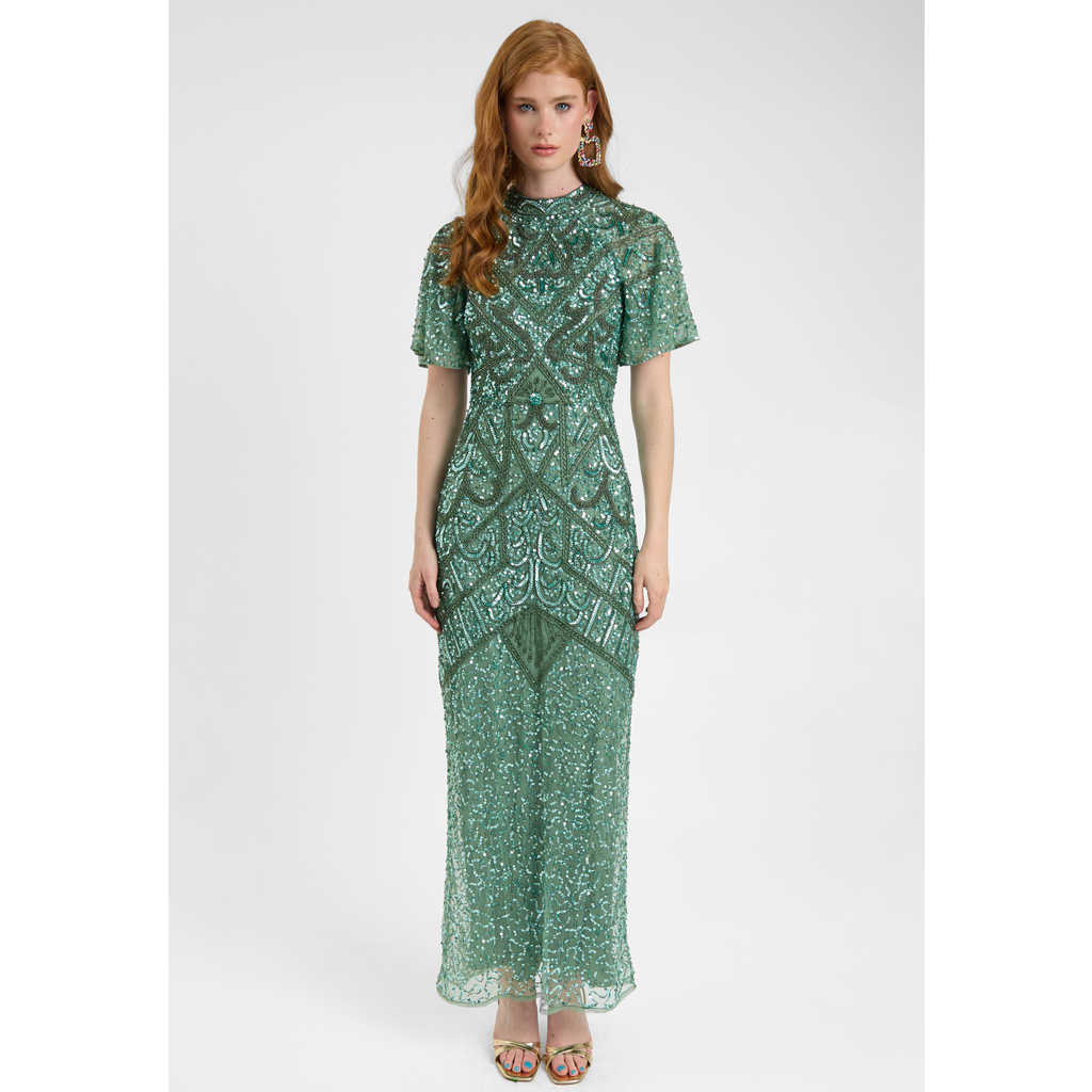 BEAUUT BEAUUT Embellished Sequin Beaded With Short Flutter Sleeves Maxi Dress