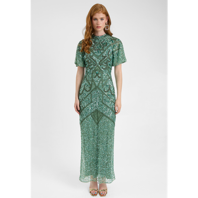 BEAUUT BEAUUT Embellished Sequin Beaded With Short Flutter Sleeves Maxi Dress