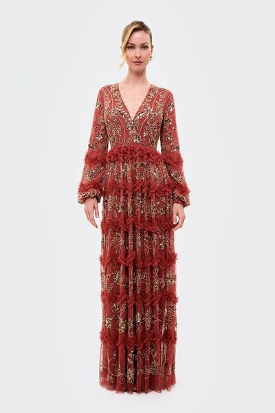 BEAUUT BEAUUT Embellished Sequins Maxi Ruffle Dress