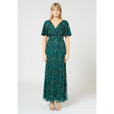 BEAUUT BEAUUT Embellished Sequins Wrap Neck Maxi