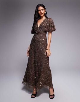 Beauut Beauut embellished v-neck wrap flutter sleeve maxi dress in chocolate brown