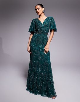Beauut Beauut embellished v-neck wrap flutter sleeve maxi dress in dark green