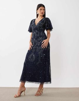 Beauut Beauut embellished v neck wrap flutter sleeve maxi dress in navy