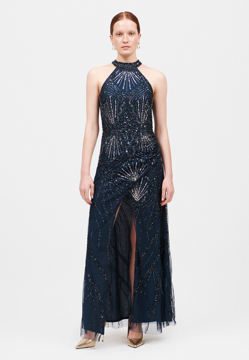 BEAUUT BEAUUT Occasion Embellished Sequin Beaded Halter Neck Evening Maxi Dress