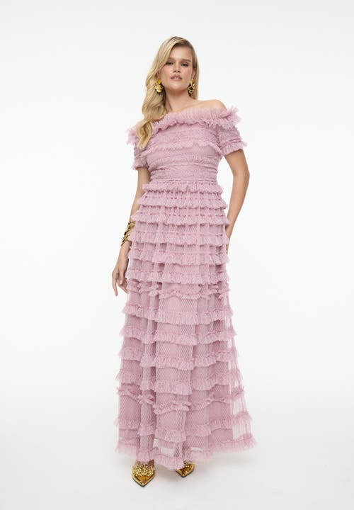 BEAUUT BEAUUT Ruffle Off-Shoulder Mesh Maxi Dress
