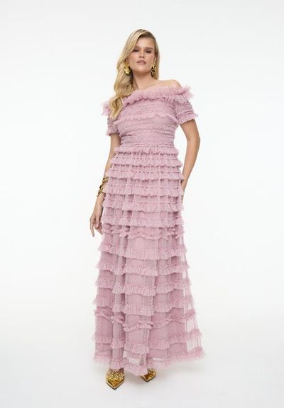 BEAUUT BEAUUT Ruffle Off-Shoulder Mesh Maxi Dress