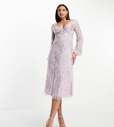 Beauut Beauut Tall Bridesmaid embellished wrap front midi dress in lilac-Purple