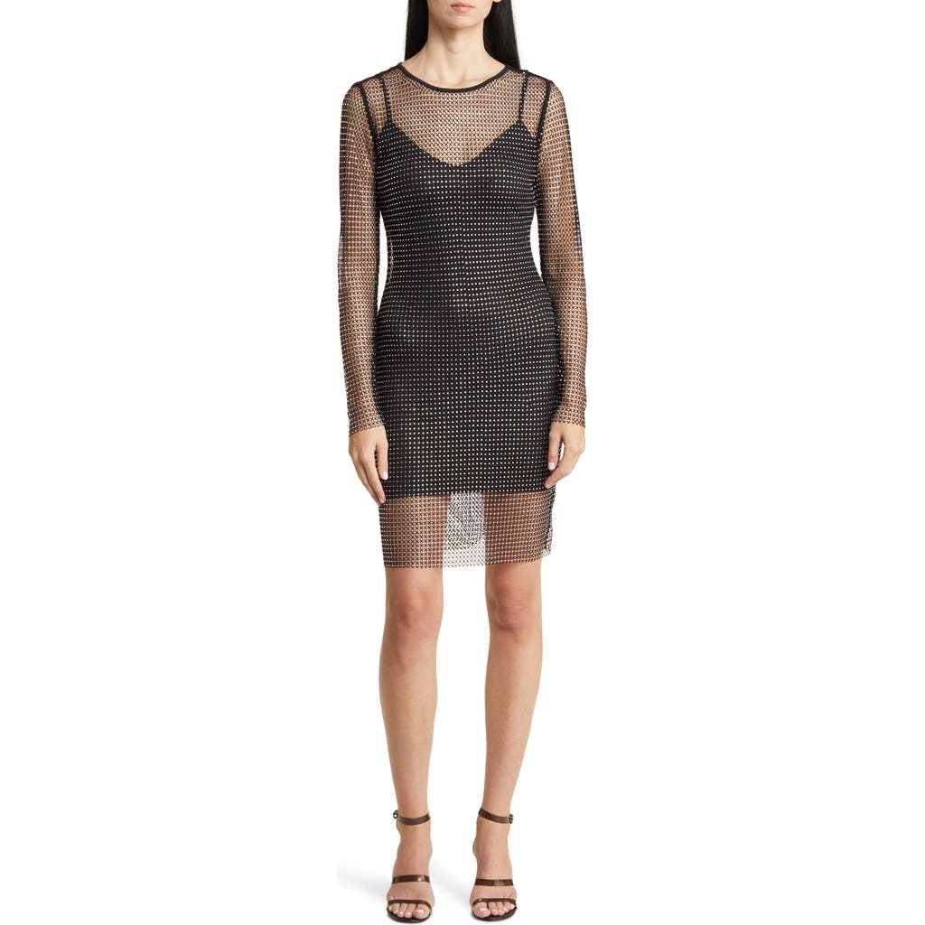 bebe bebe Rhinestone Mesh Long Sleeve Cocktail Minidress