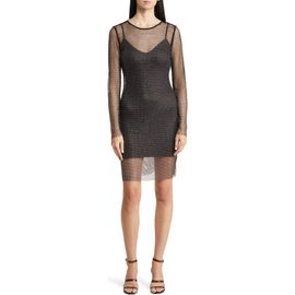 bebe bebe Rhinestone Mesh Long Sleeve Cocktail Minidress